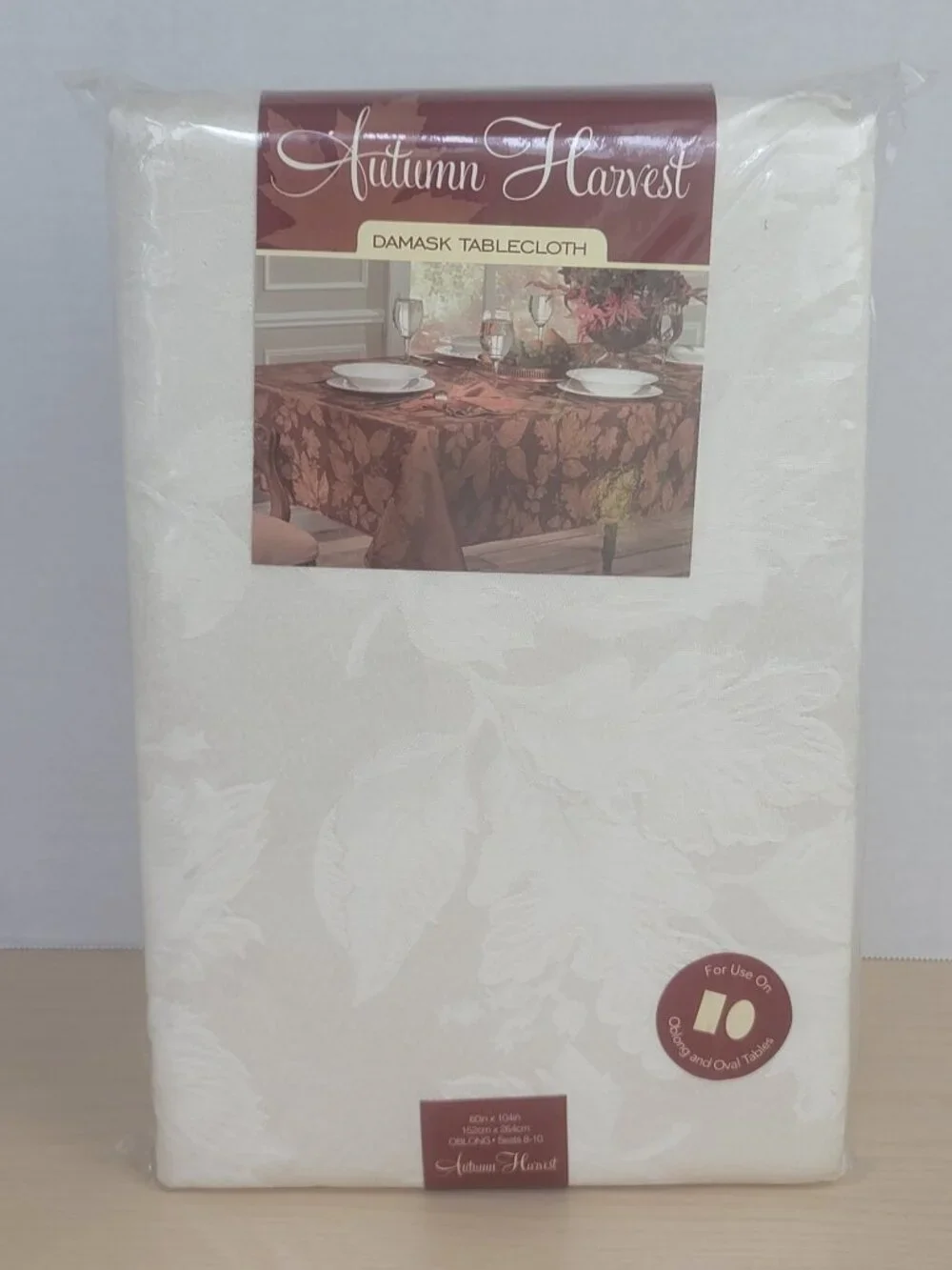 Autumn Harvest Ivory Leaf Pattern Oblong and Oval Damask Tablecloth 60